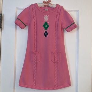 Gymboree Pink & Green Argyle Sweater Dress 7 EUC Short Sleeves
